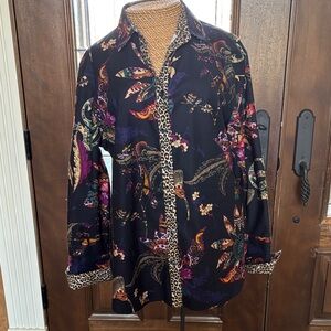 Chico's Black Floral Paisley blouse with Leopard Trim
